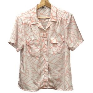 Vintage Alfred Dunner Button Up Shirt Tropical Coastal Peach White Leaf Print